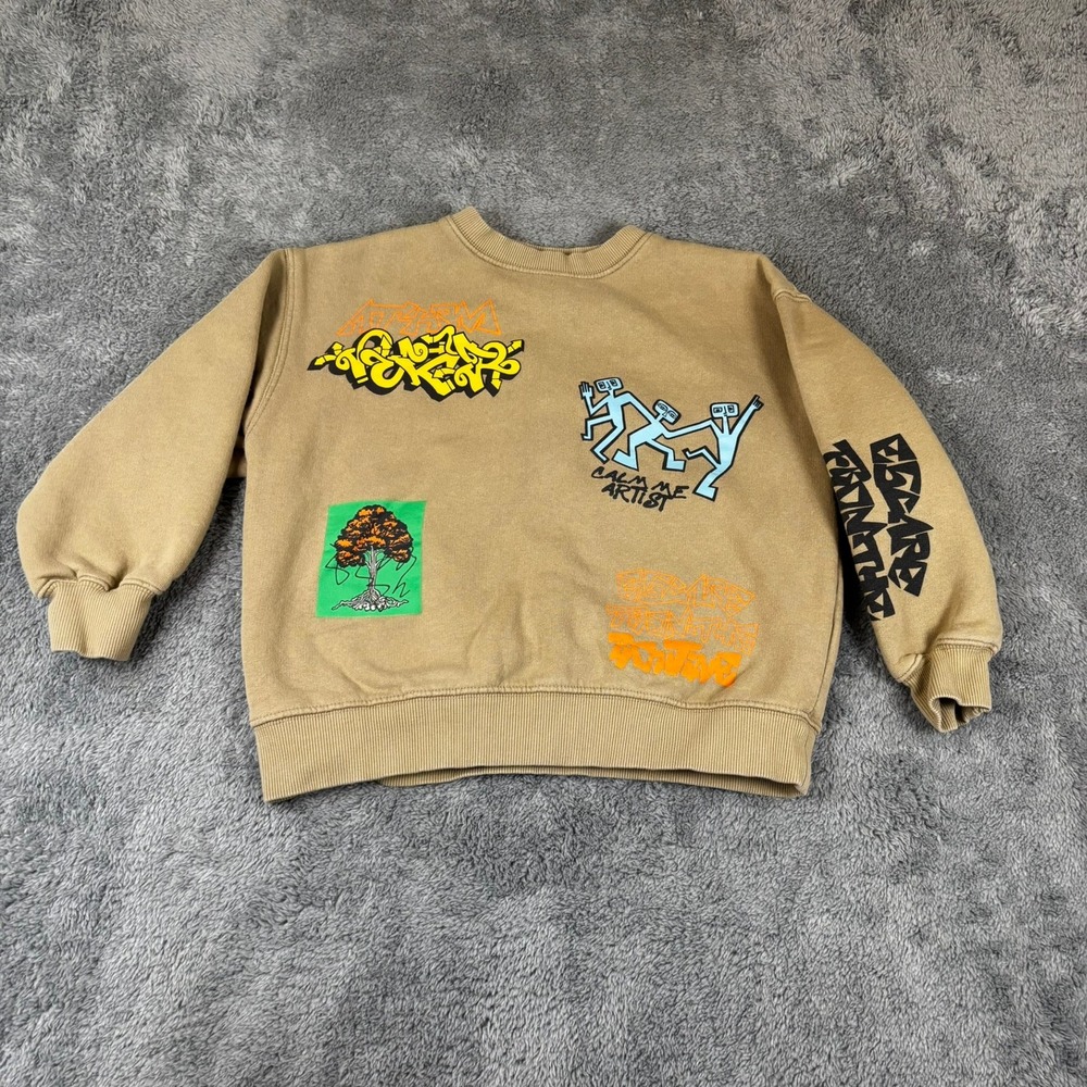 Zara Boys Graffiti Graphic Sweatshirt Tan Khaki Crewneck Size 8-9 130cm